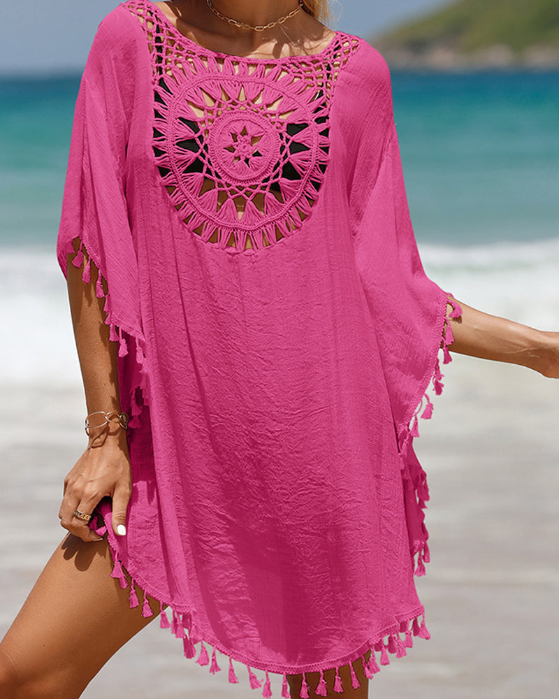 KROHN-E Damen Strandkleid Cover-Up Häkel-Optik Quasten Weiß