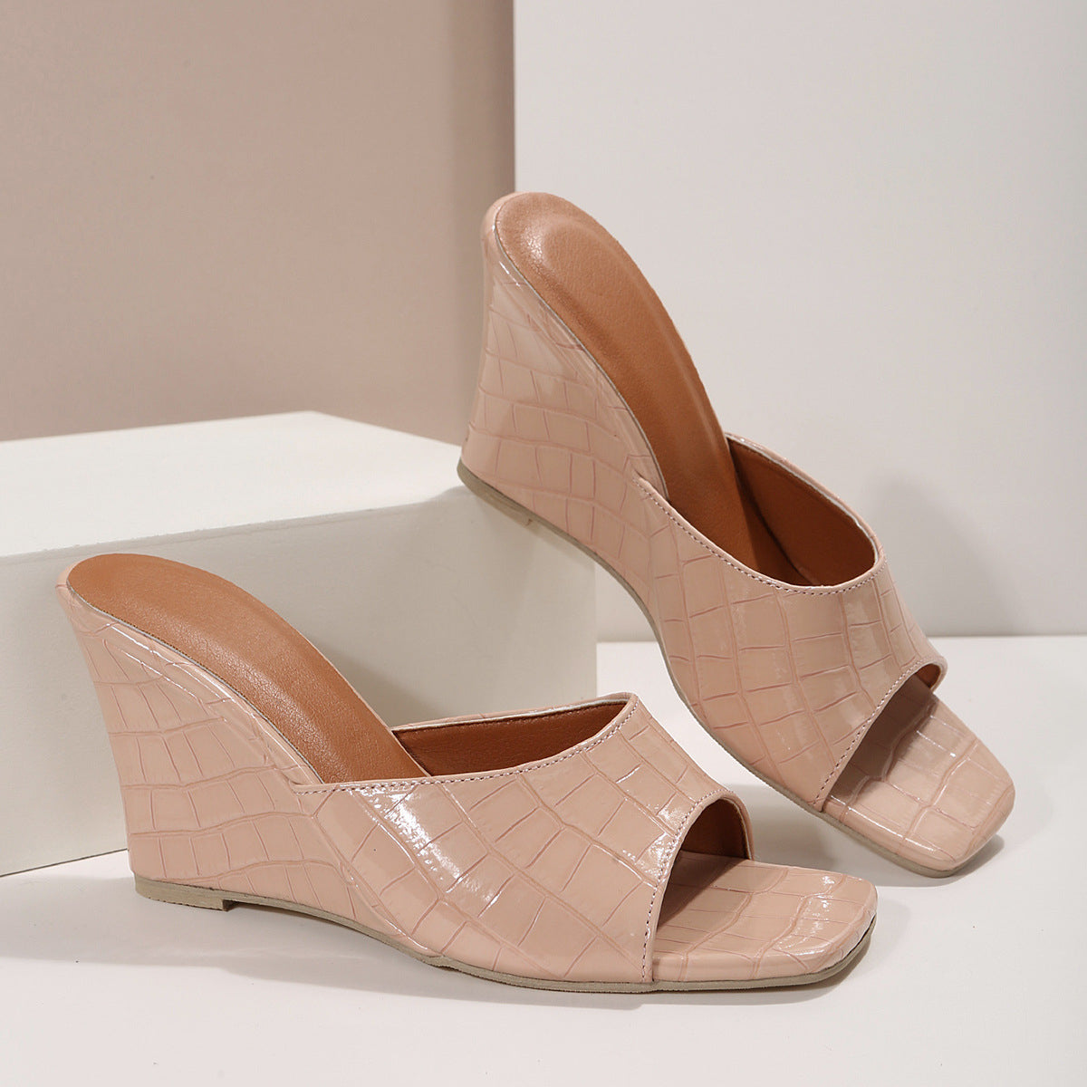 KROHN-E Damen Keilabsatz-Schuhe Schlangenmuster Kunstleder Wedge