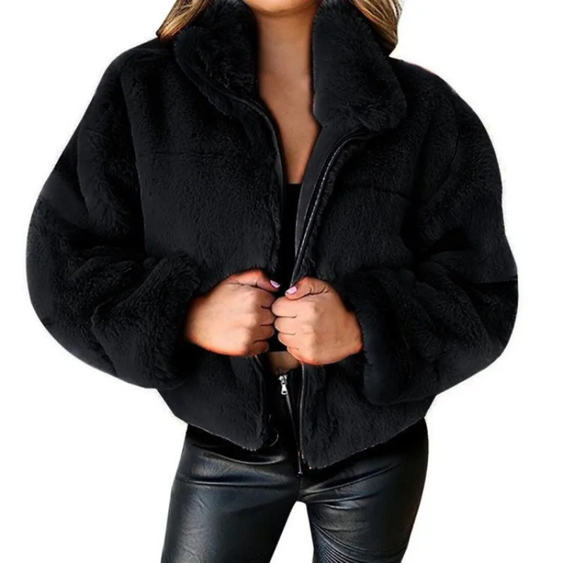 Damen Teddy Fleece Jacke Carola: Warme Kurzjacke mit hohem Kragen, stylisch