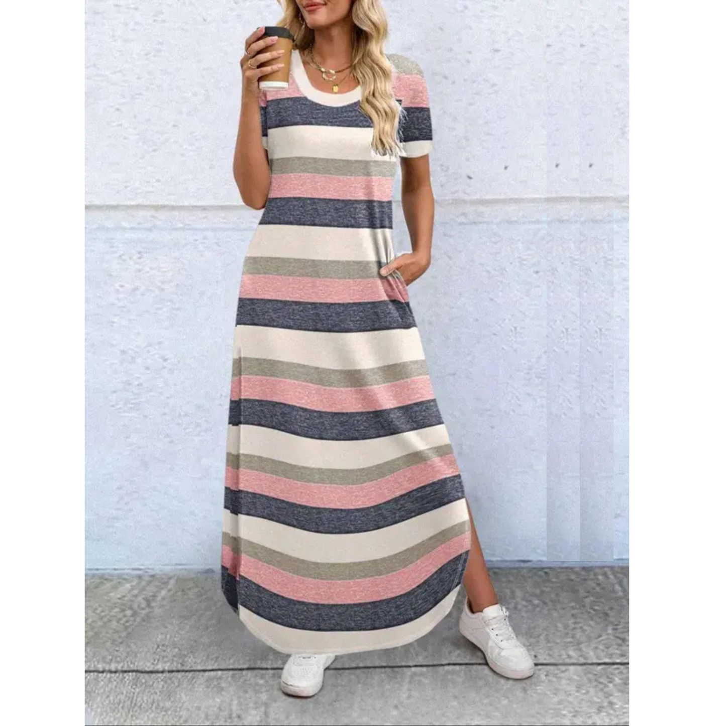 KROHN-E Damen Maxi-Kleid Rundhals Casual Sommer Leicht