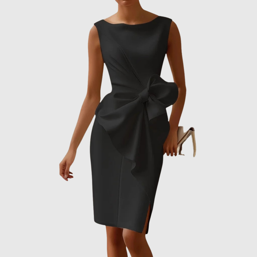 KROHN-E Damen Midi-Kleid Carmenausschnitt Schleife Schwarz