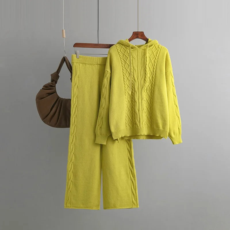Langarm-Strickpullover mit weiten Hosen – Zweiteiliger Satz