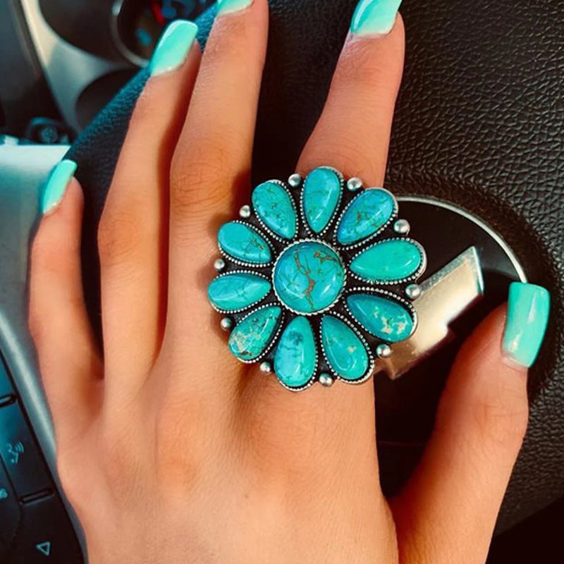 KROHN-E Damen Blumen-Ring Legierung Türkis-Akzent