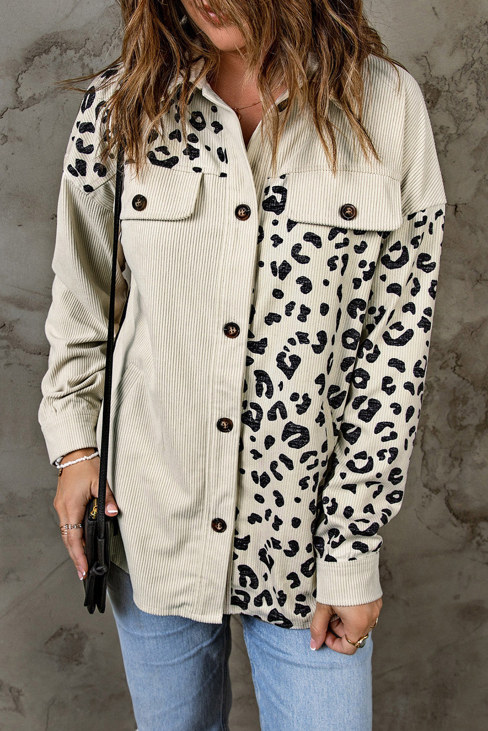 Krohn-e | Double Take Leopard Print Pocketed Cord-Jacke