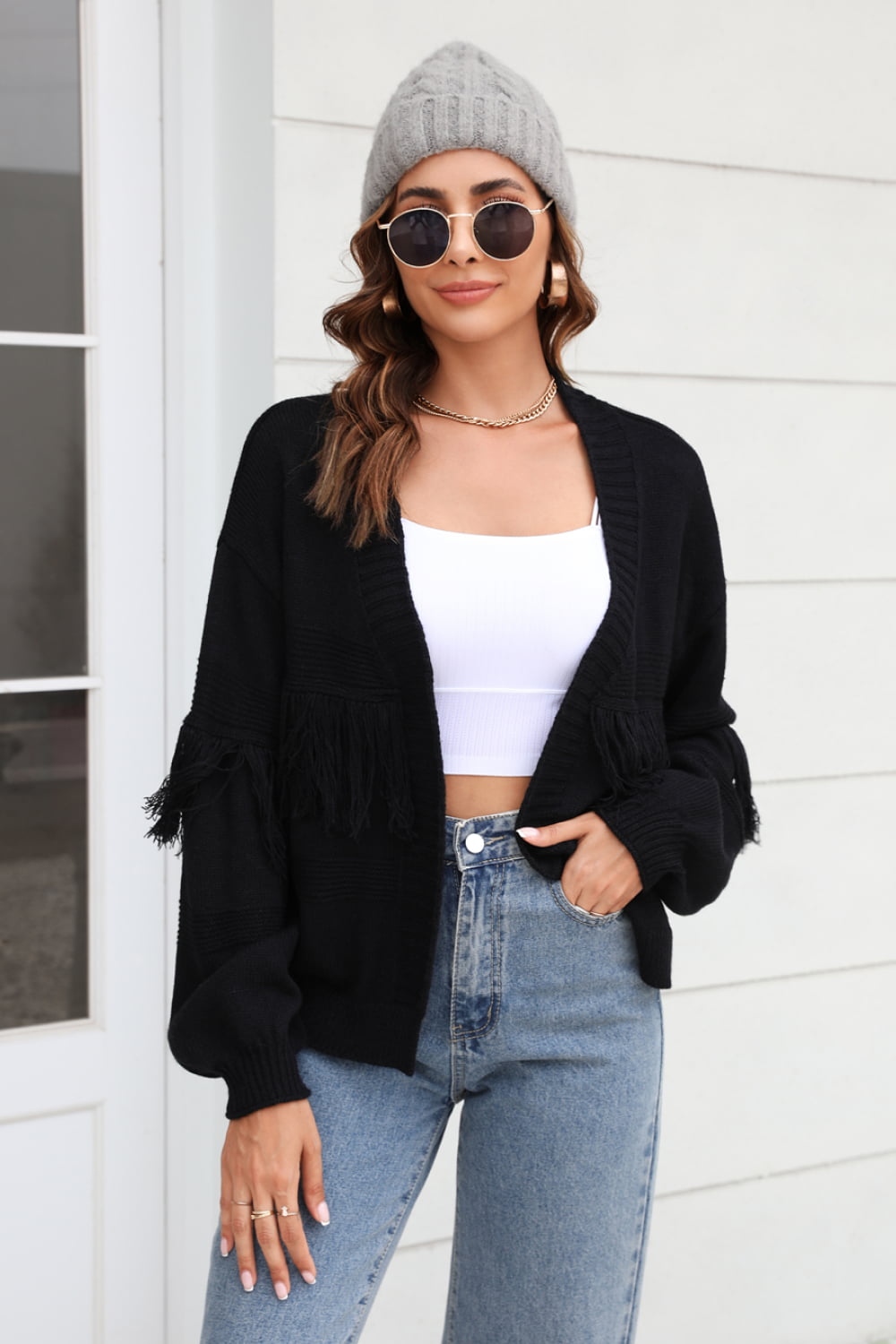 Krohn-e | Fransenbesatz Offene Vorder-Cardigan