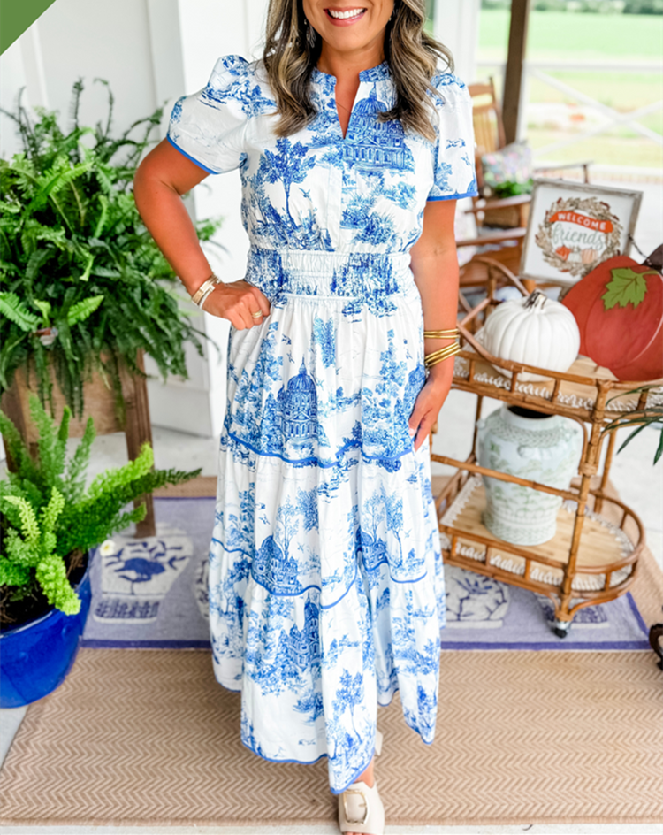 KROHN-E Damen Maxikleid Toile-Print Smok-Taille Fließend Grün