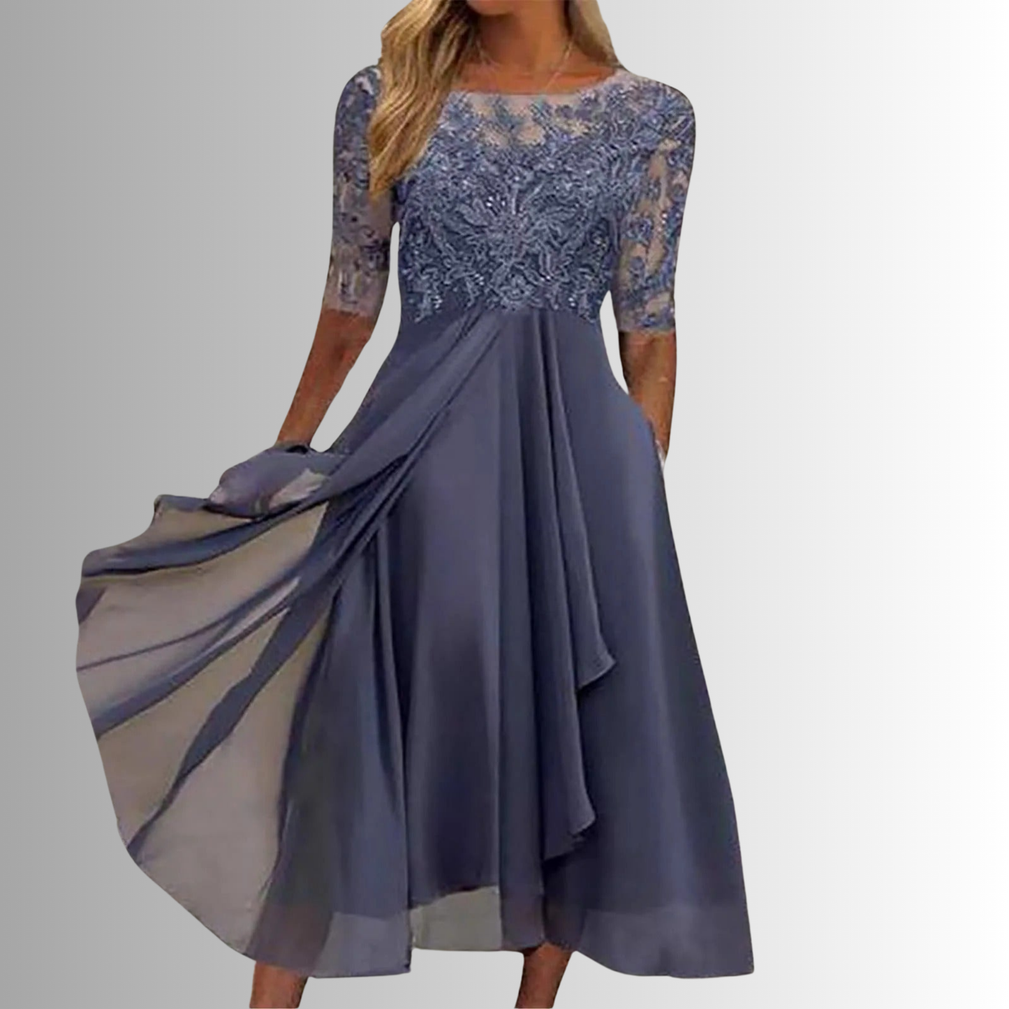 KROHN-E Damen Spitzenkleid Elegant Klassisch Midi Besondere Anlässe