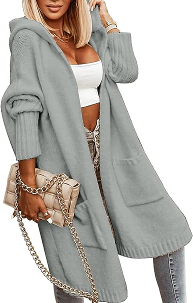 Krohn-e | 2025 Lässiger Offener Strickmantel mit Kapuze In Mittlerer Länge Strickmantel