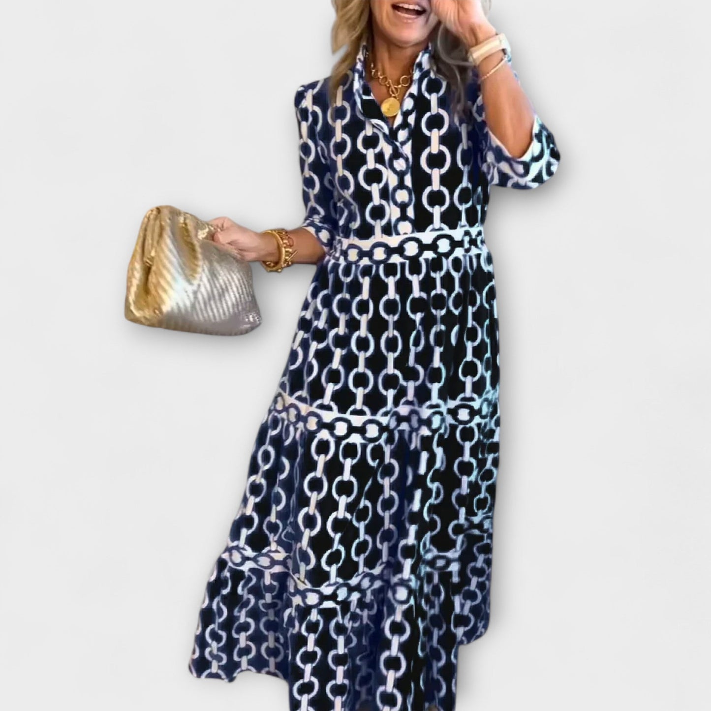 KROHN-E Damen Midi-Kleid Kettenmuster Ärmellos Casual