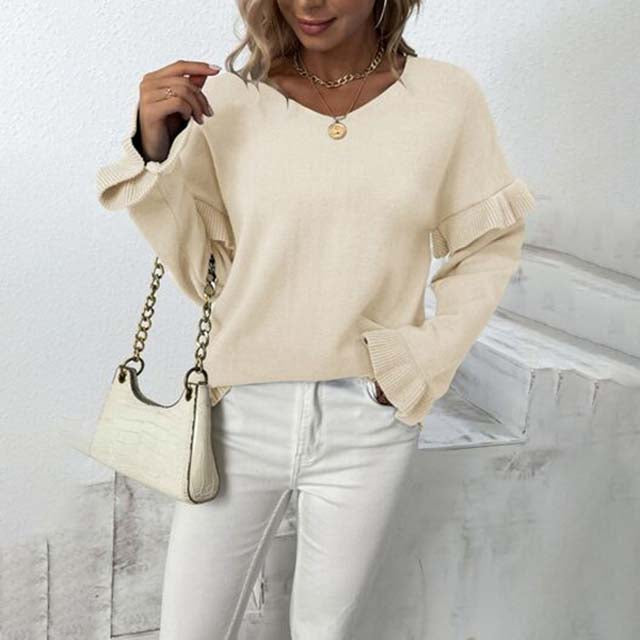 Krohn-e | V-ausschnitt Pullover mit Rüschendetails Baumwolle Weiches und Elegantes Design