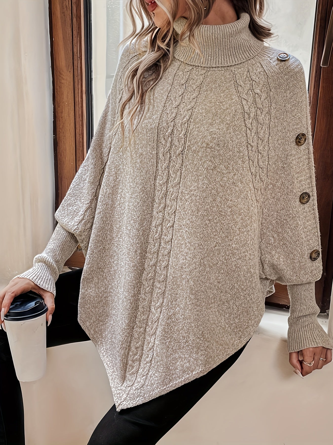 Krohn-e | Poncho Sweater mit Knöpfen Acryl Elegant und Komfortabel