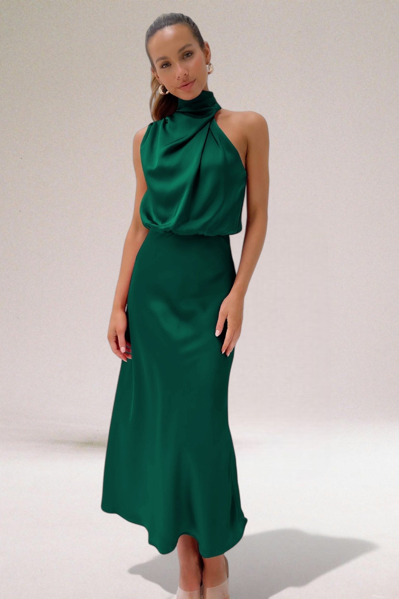 KROHN-E Damen Neckholder Kleid Fließend Glänzend Elegant Abendkleid