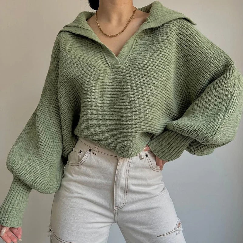 Krohn-e | Strickpullover mit Laternenärmeln und offenem Kragen