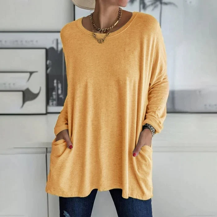 Noja | Damen Longshirt Übergroß Rundhals Seitentaschen Herbst