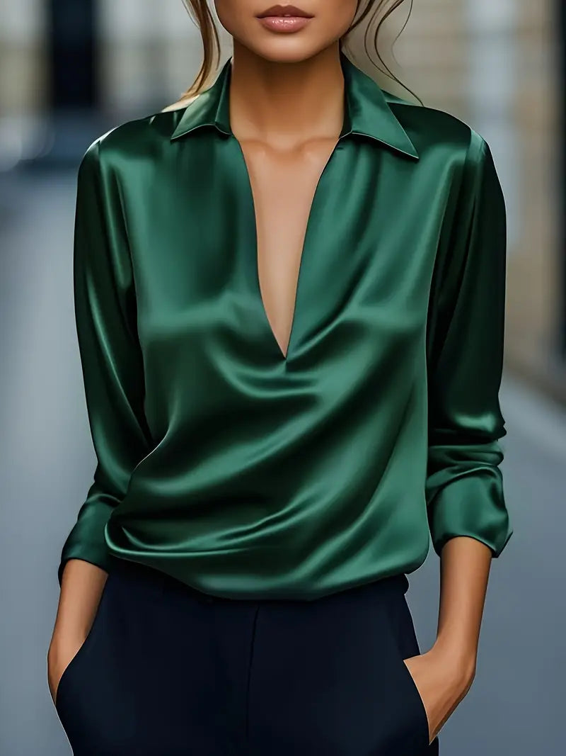 Stella | Damen Satin Bluse Langarm V-Ausschnitt Elegant