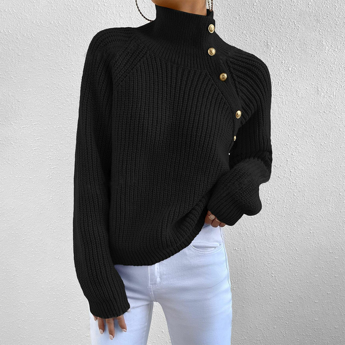 Krohn-e | Strickpullover mit Hohem Kragen und Knopfdetails Wollmischung Elegant und Warm