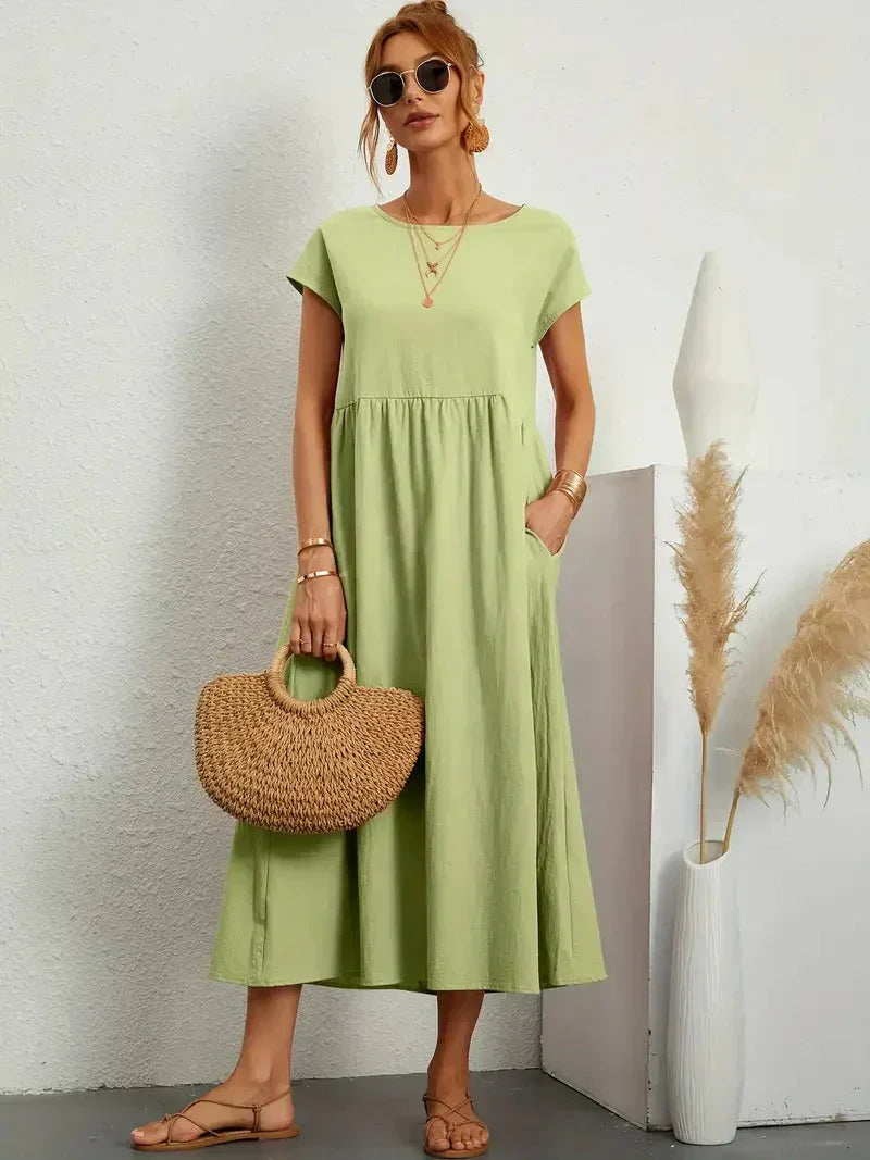 KROHN-E Damen Sommerkleid A-Linie Kurzarm Leicht Beige