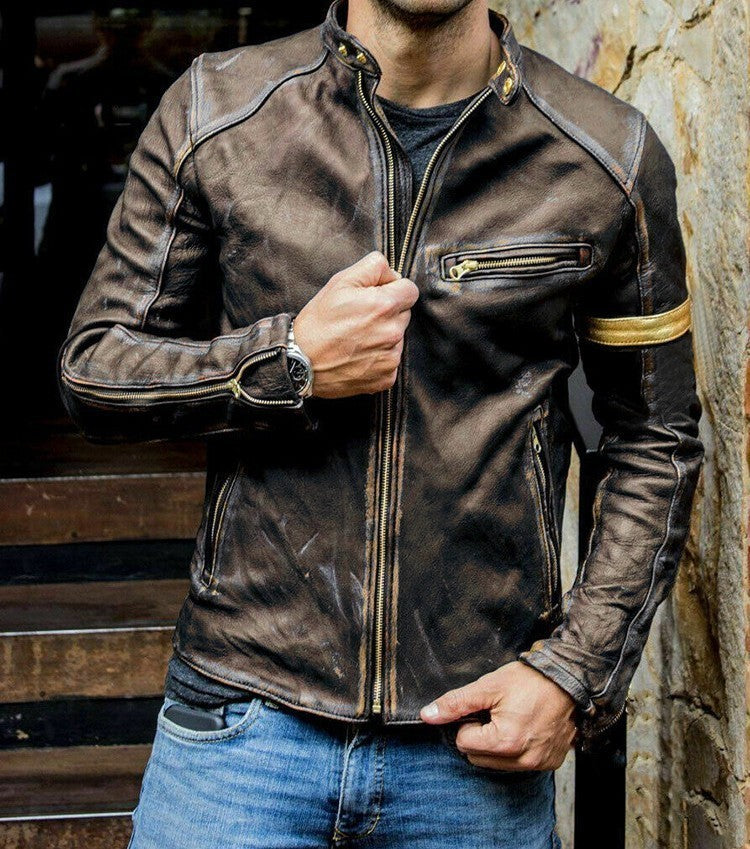 Herren Vintage Leder-Bikerjacke mit Reißverschluss
