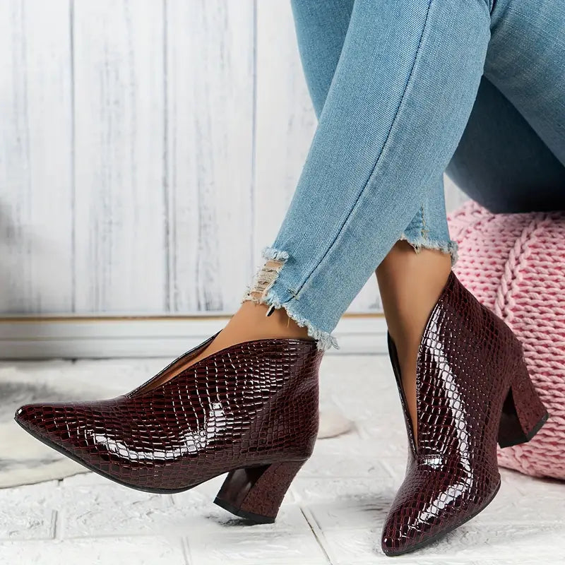 KROHN-E Damen Ankle-Boots Leder strukturiert Blockabsatz Schwarz