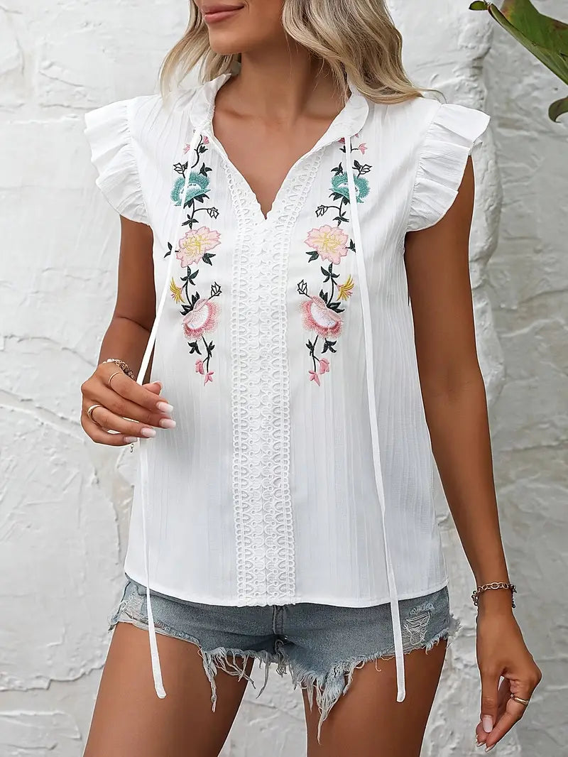 Blusen mit Blumenstickerei und V-Ausschnitt von Fudus