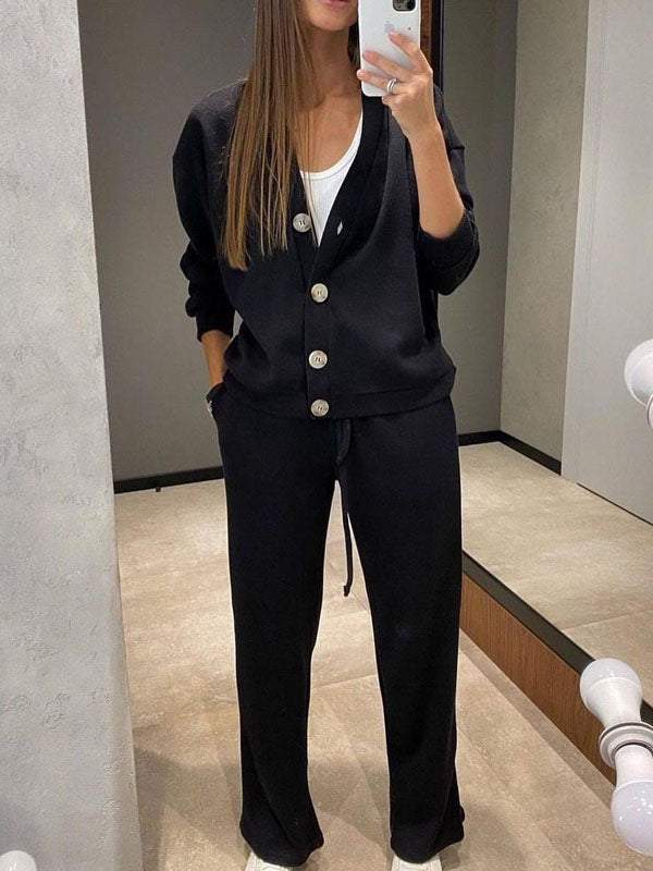 Krohn-e | lässiges V-Ausschnitt Pullover- und Hose-Set
