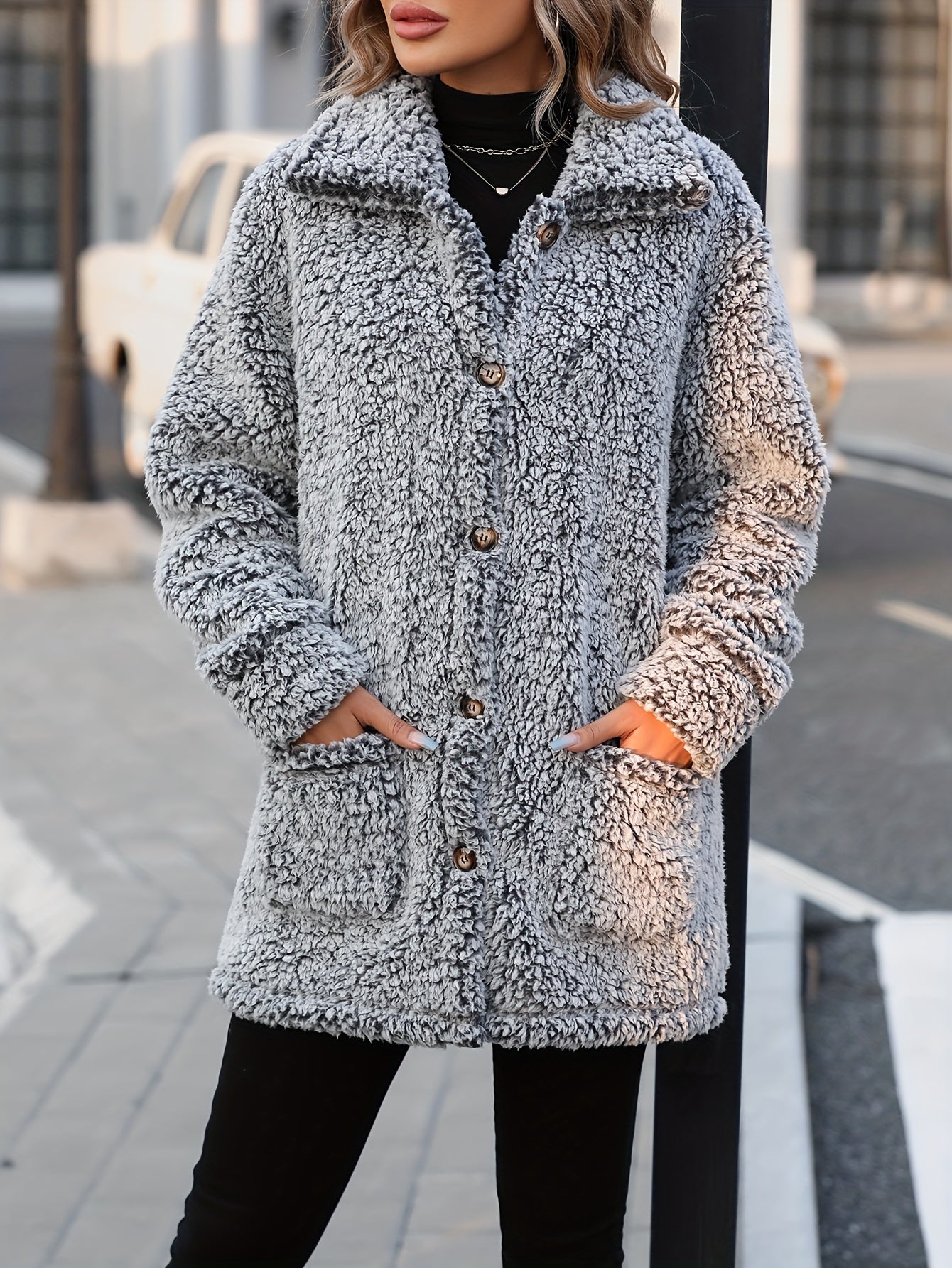 Krohn-e | Lange Teddyjacke mit Knöpfen Polyester Komfortabel und Warm