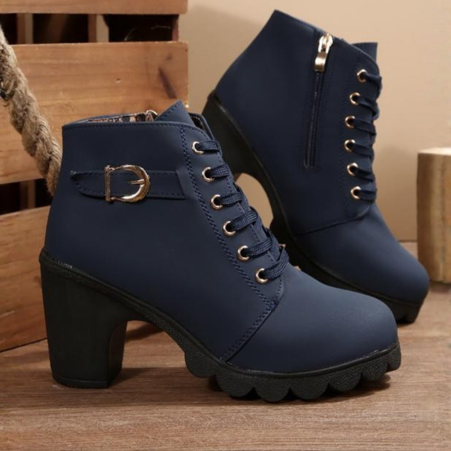 KROHN-E Damen Stiefeletten Chunky Schnürung Robuste Sohle