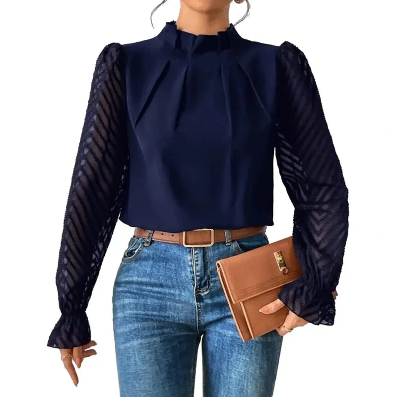 Elegante Bluse mit Spitzenärmeln und hohem Kragen von Silvene für Damen