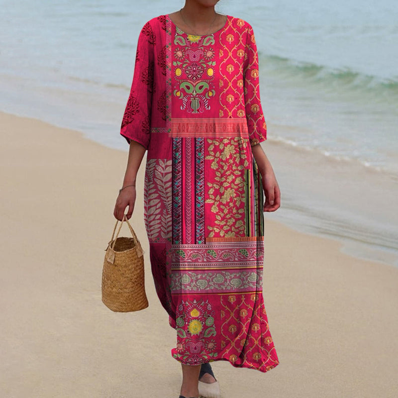 KROHN-E Damen Boho Maxi-Kleid Fließend Naturmuster