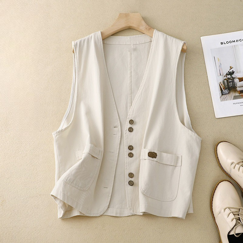 KROHN-E Damen Weste Knopfleiste Relaxed Fit Beige