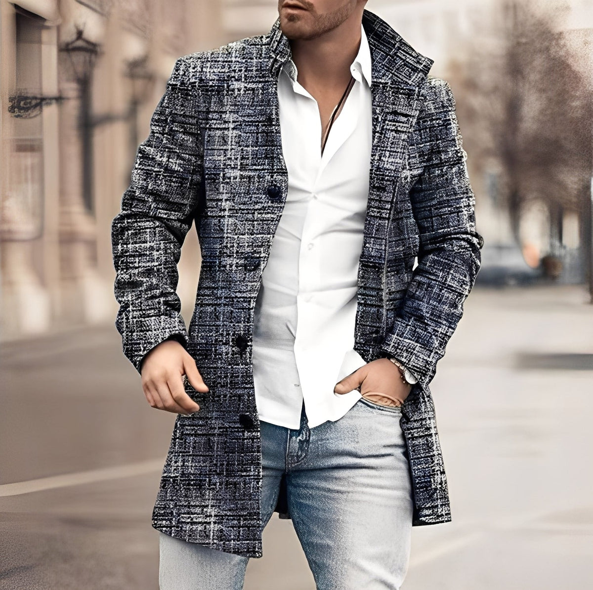 Krohn-e | Lässiger Langer Tweed-Mantel für Herren