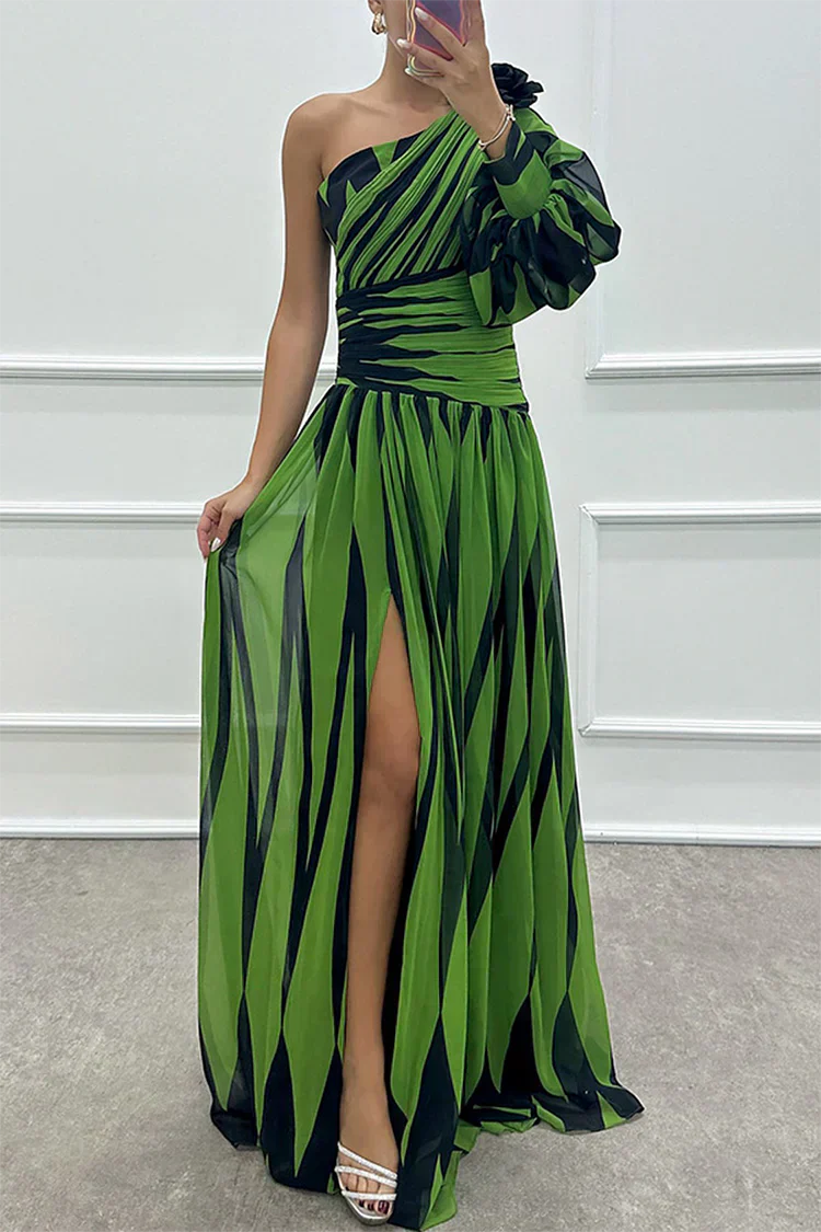 KROHN-E Damen Maxi-Kleid One-Shoulder Streifen Plissee Abend