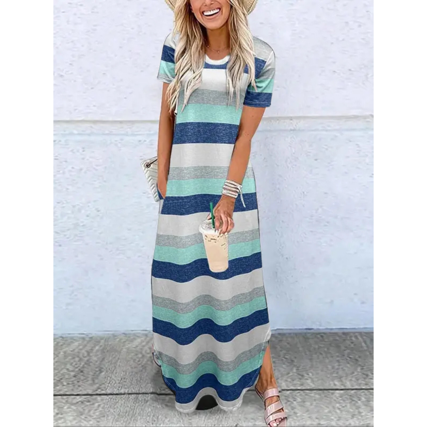 KROHN-E Damen Maxi-Kleid Rundhals Casual Sommer Leicht