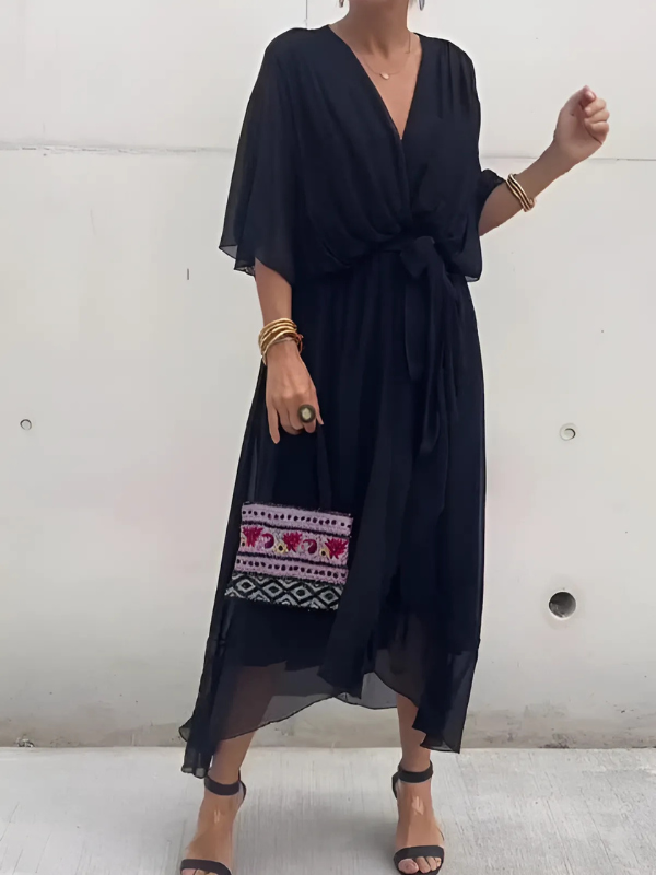 KROHN-E Damen Wrap Midi-Kleid Verstellbarer Gürtel