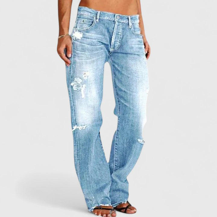 KROHN-E Damen Straight Jeans Used-Look Low-Rise Hellblau Distressed