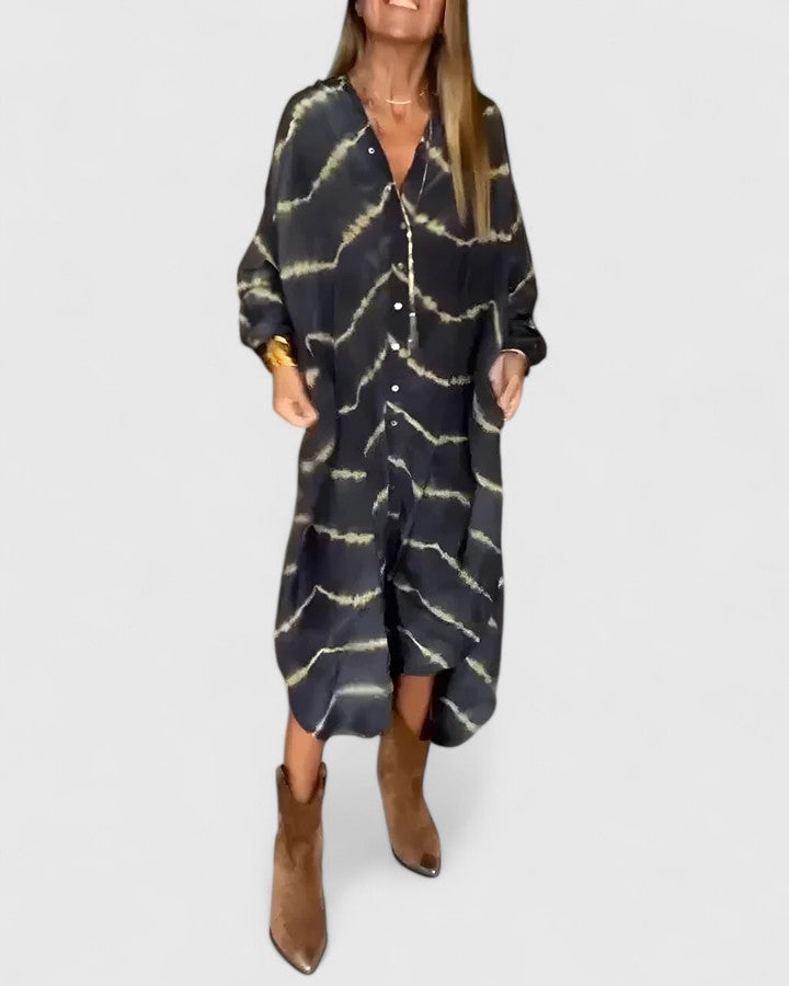 KROHN-E Damen Midi-Hemdkleid Tie-Dye Muster Anthrazit Gold