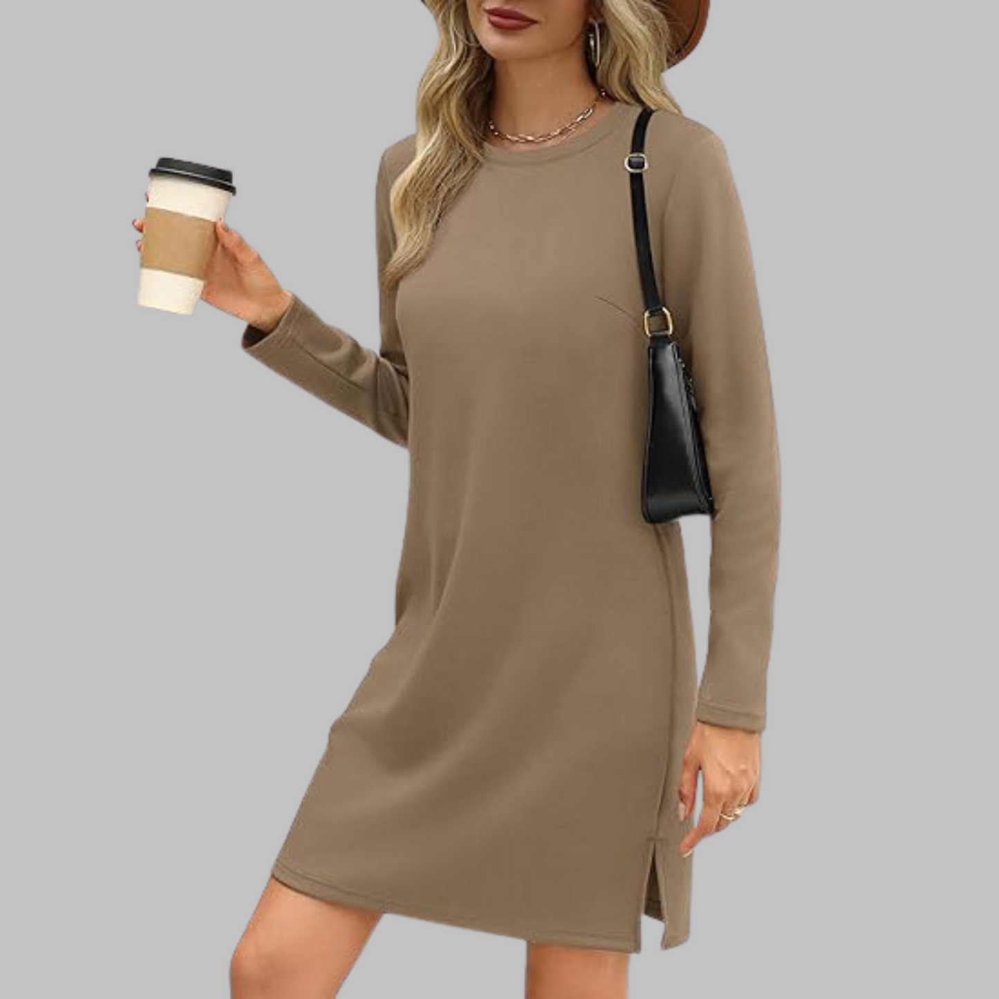 KROHN-E Damen Langarmkleid Rundhals Relaxed Fit Alltagskleid