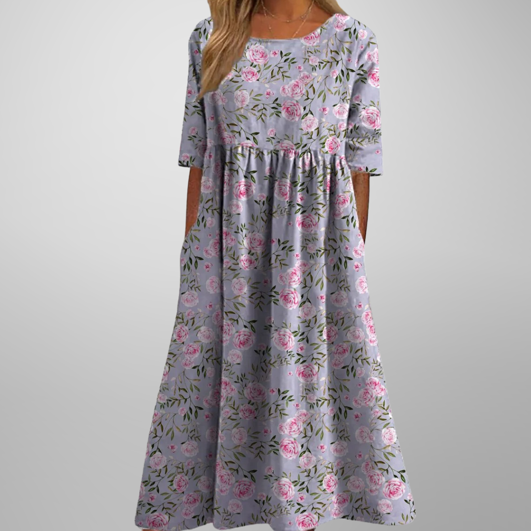 Dorothea | Damen Midi-Kleid Aquarell-Blumendruck Rundhals