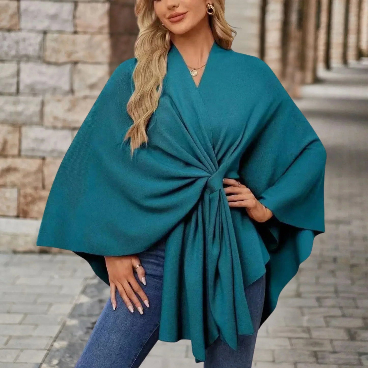 KROHN-E Damen Poncho Leicht Draped Knoten-Design Oversized