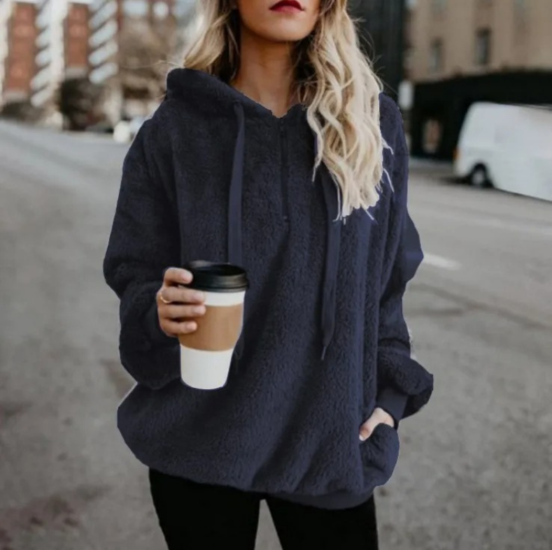 Fudus Damen Teddyjacke, großer Fleece Kapuzenpullover mit Kordelzug