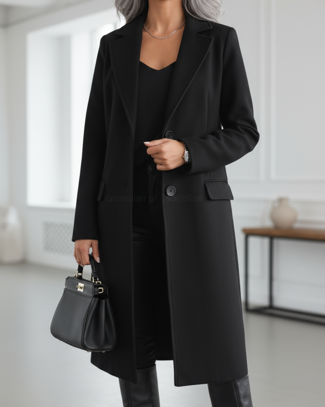 KROHN-E Damen Mantel Lang Tailliert Klassisch Elegant