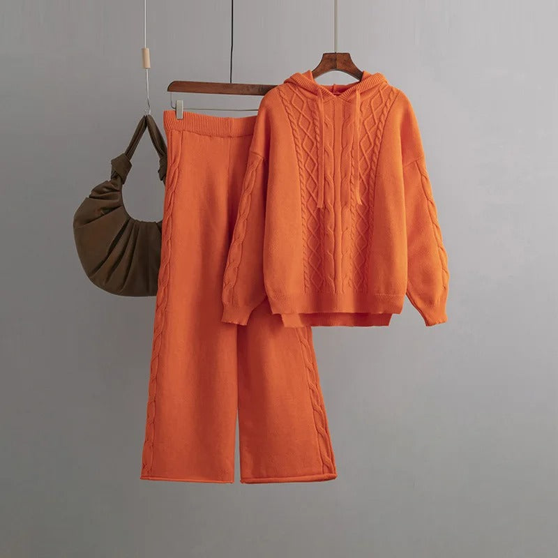 Langarm-Strickpullover mit weiten Hosen – Zweiteiliger Satz