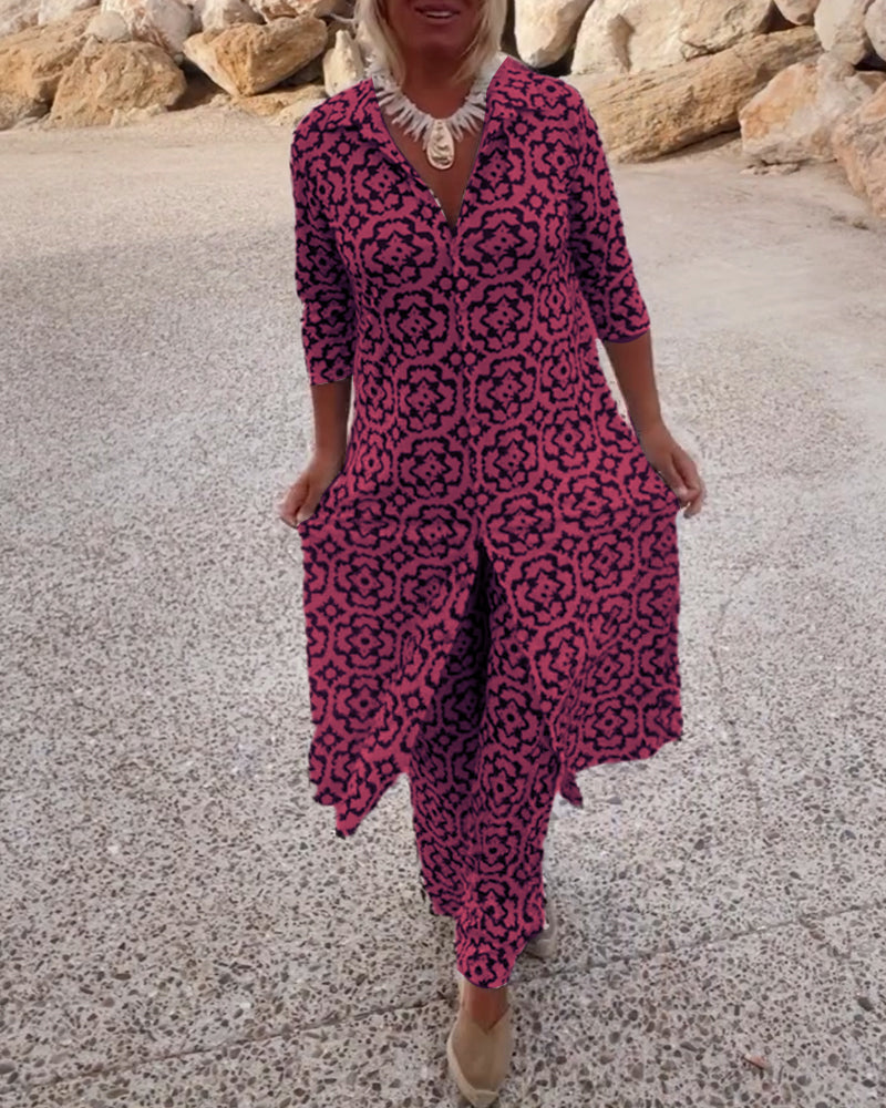 Amara | Damen Zweiteiler Ornamentprint Hemdbluse Hose Set Sommer
