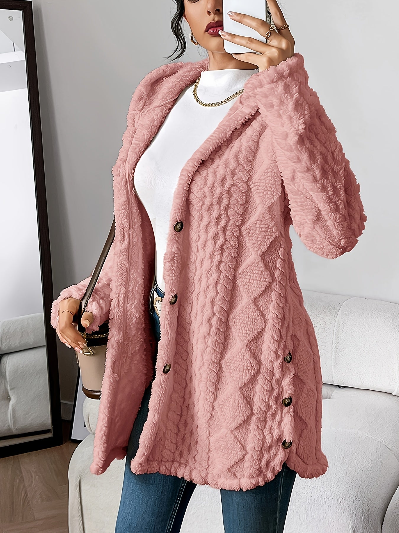 KROHN-E Damen Kapuzen-Cardigan Weich Plüsch Warm Oversized