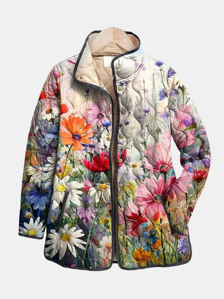 KROHN-E Damen Steppjacke Vintage Blumenmuster beige