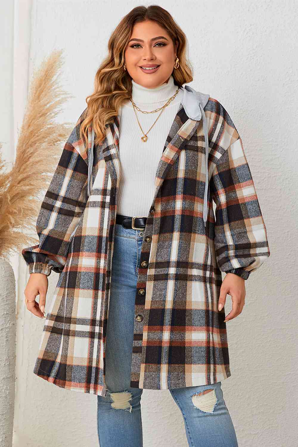 Krohn-e | Plus Size Karo Drop-Shoulder Kapuzenmantel