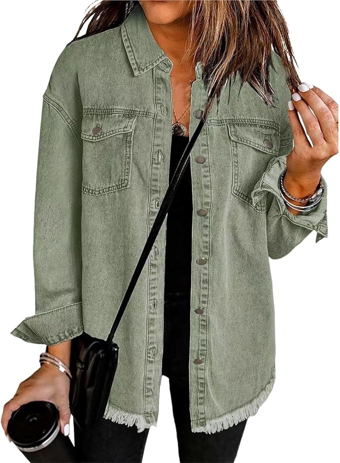KROHN-E Damen Jeansjacke Classic Denim Knopfverschluss Brusttaschen