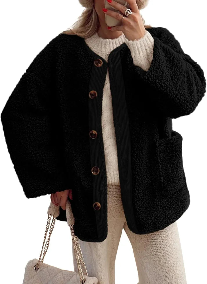 Krohn-e | Damen Warme Winterjacken - Lässige Langarm Button-up Fleecejacke aus Sherpa