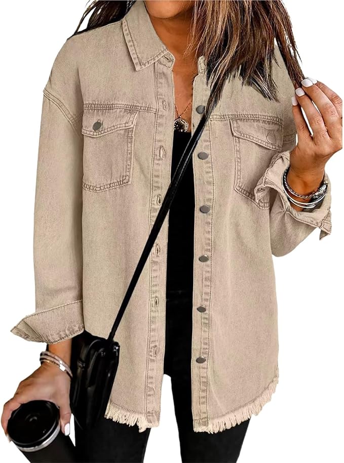 KROHN-E Damen Jeansjacke Classic Denim Knopfverschluss Brusttaschen