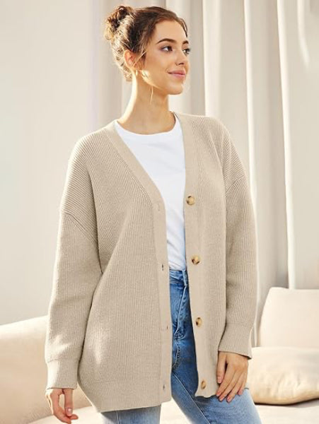 Krohn-e | Cardigan - Damen Herbst Oversized V-Ausschnitt Knopf Cardigan